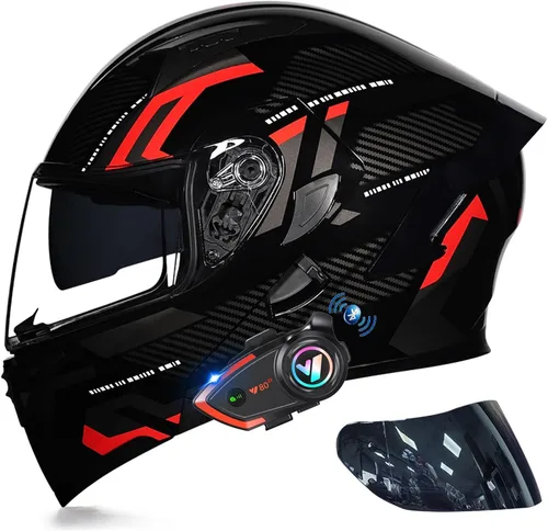 Miniatura 10 de Casco modular Bluetooth de doble visera para motocicleta, casco integrado abatible de cara completa, con Bluetooth impermeable que puede soportar