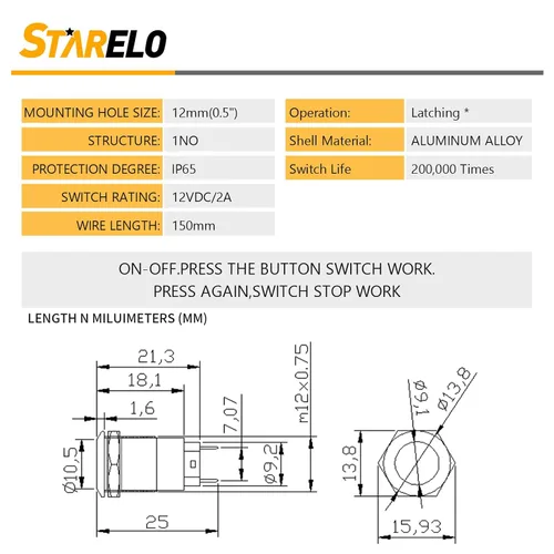 Miniatura 2 de STARELO 5 piezas 12 mm Interruptor de botón de cierre con carcasa negra y pre-cableado, interruptor de botón de presión impermeable IP65, aleación