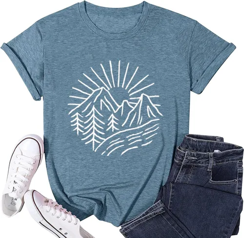 Miniatura 54 de Camisetas sin mangas de senderismo y montaña para mujer, divertidas camisetas de entrenamiento con gráficos de pino y amanecer, camisetas de verano