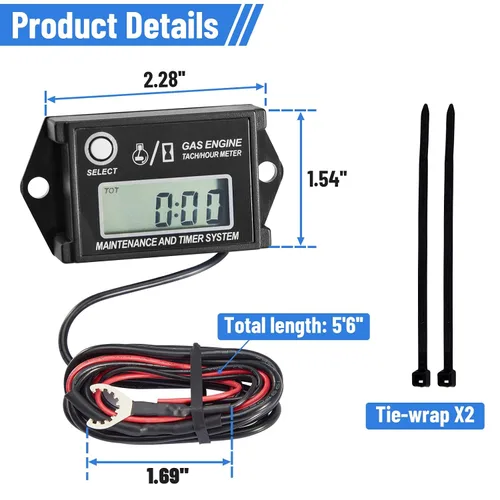 Miniatura 2 de CarBole Tacómetro Digital de Horas, Tacómetro de Horas para Motor Pequeño, Medidor de Calibre RPM para Cortacésped, Esquís, Moto de Cross, Barco