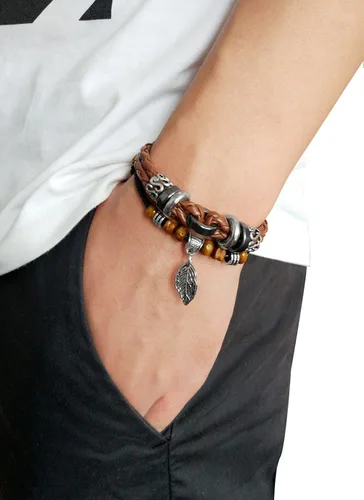 Miniatura 30 de Suyi brazalete ajustable con varias capas, de cuero tejido trenzado con cruz. Pulsera tipo esclava.