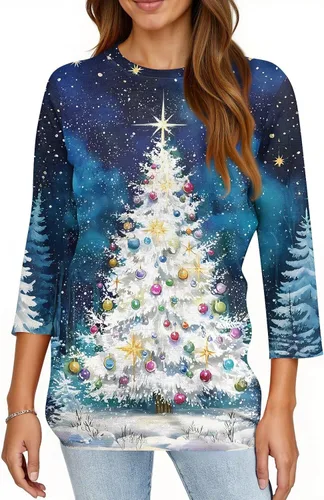 Miniatura 136 de Camisetas de manga 3/4 para mujer, cuello redondo, holgadas, casuales, con estampado floral, camisetas de moda para el trabajo de negocios