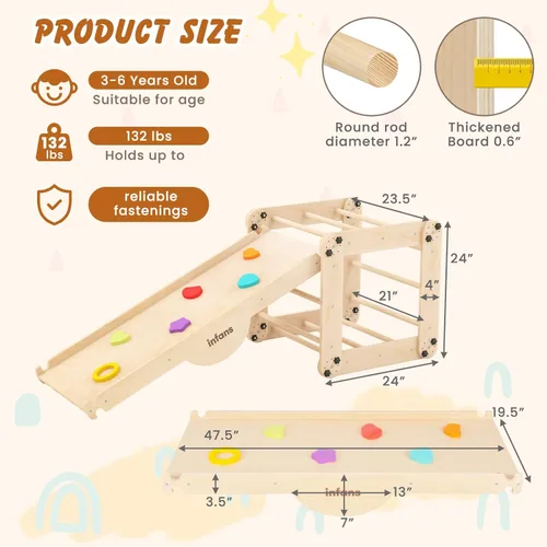 Miniatura 7 de INFANS Juguetes de Escalada 7 en 1 para Niños Pequeños, Set de Escalador de Cubo Montessori de Madera Mejorado con Rampa Reversible, Tobogán