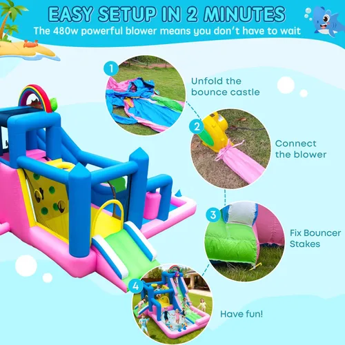 Miniatura 7 de Casa de rebote inflable Flamingo para niños – Castillo inflable 10 en 1 con doble tobogán, piscina de bolas, aro de baloncesto, pared de escalada