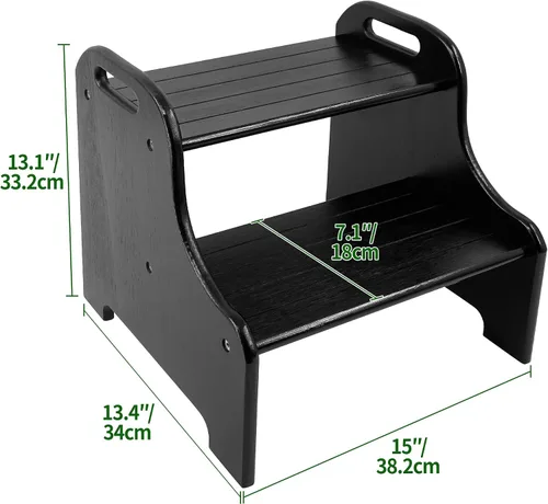 Miniatura 3 de VaeFae Taburete de bambú de 2 escalones con peldaños antideslizantes y 2 asas recortadas (negro)
