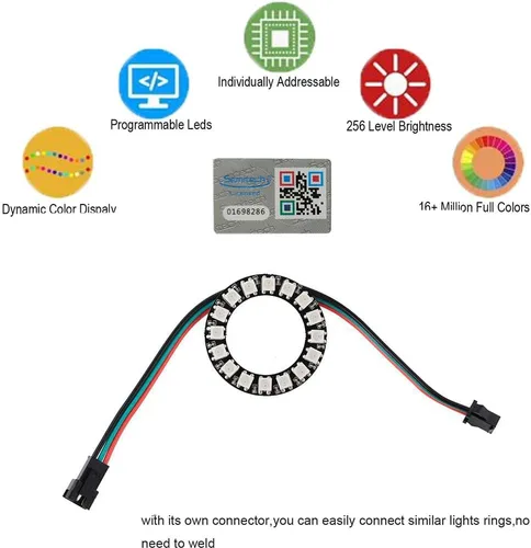 Miniatura 2 de Anillo LED WS2812 de 16 bits con cable de enchufe SM2.54-3P, WS2812B 5050 Módulo LED RGB direccionable DC5V con controladores incorporados