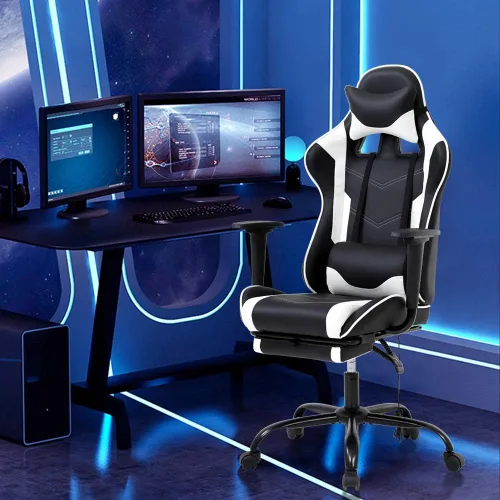 Miniatura 2 de Silla de juegos de PC, silla de oficina ejecutiva de respaldo alto, silla de computadora de piel sintética, soporte lumbar de carreras, reposapiés