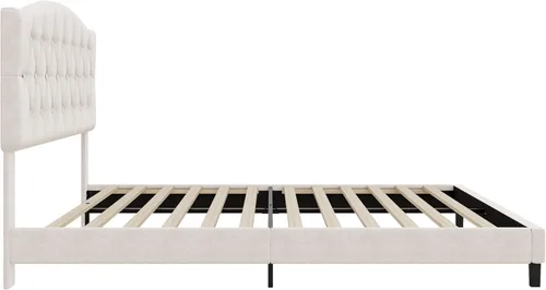Miniatura 5 de Merax Cama de plataforma tapizada de lino tamaño Queen con cabecera curvada ajustable, acolchado de diamante, listones de madera, soporte de metal