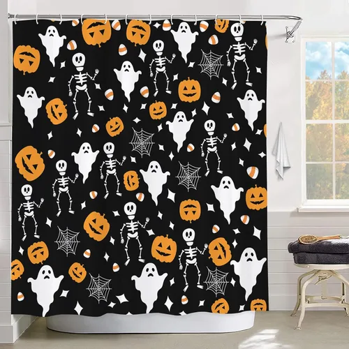 Miniatura 8 de GOOESING Cortinas de ducha de calabaza a cuadros otoñales, calabazas de otoño, hojas de arce, cortina de baño impermeable para baño, juego