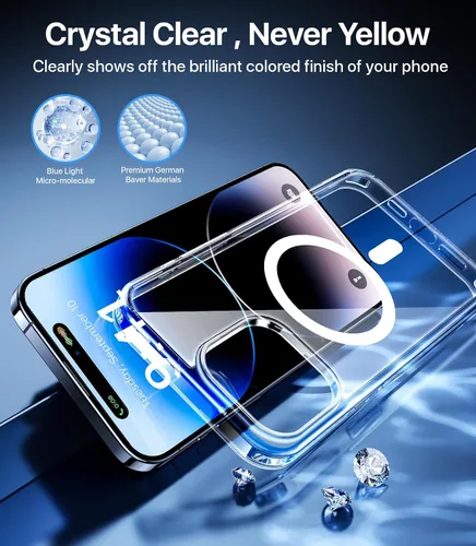 Miniatura 2 de Funda magnética transparente fuerte para iPhone 15 Pro Max, [nunca amarillea] [compatible con MagSafe] [prueba de caídas de grado militar] a prueba