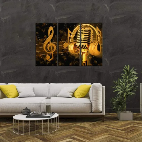 Miniatura 3 de Biuteawal - Pinturas artísticas musicales, arte de pared, micrófono de metal dorado y auriculares, nota de imagen, lienzo con impresión giclée