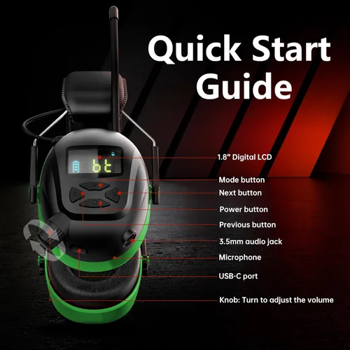 Miniatura 6 de Bluetooth 6.0 AM/FM Hearing Protection, Radio Headphones with Digital Display, 30 SNR Noise Reduction Safety Earmuffs with Rechargeable 2000 mAh