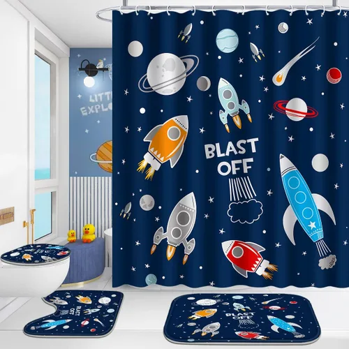 Miniatura 12 de Poedist Juego de 4 cortinas de ducha de baño, juego de baño para niños, juegos de cortinas de ducha espaciales con alfombras
