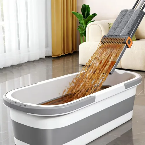Juego de trapeador plano y cubo, trapeador de microfibra plegable manos libres, uso húmedo y seco para pisos de azulejos, laminados y madera. Ideal