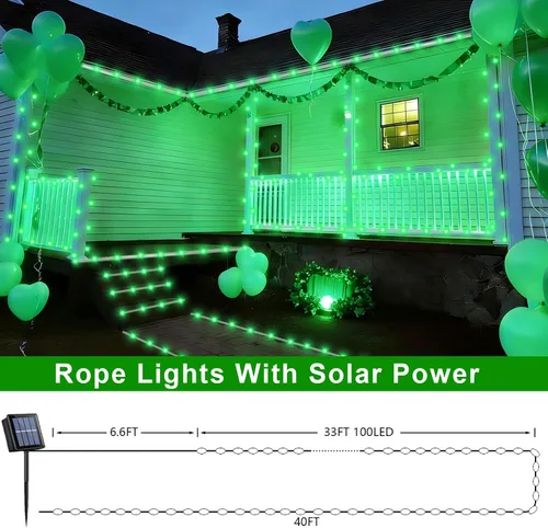 Miniatura 7 de QITONG Paquete de 2 luces solares verdes, cada cadena de 100 luces LED de 33 pies para exteriores, 8 modos de luces de hadas en tubo de PVC