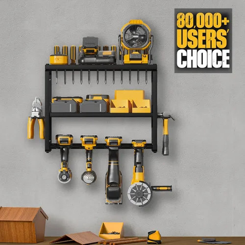 Miniatura 2 de Organizador de Herramientas Eléctricas de Servicio Pesado para Montaje en Pared, Estante de Metal de 3 Capas con 4 Soportes para Taladro