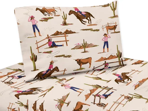 Miniatura 4 de Sweet Jojo Designs Juego de sábanas de vaquero occidental para niño, tamaño individual, sábana bajera plana, funda de almohada, para niños