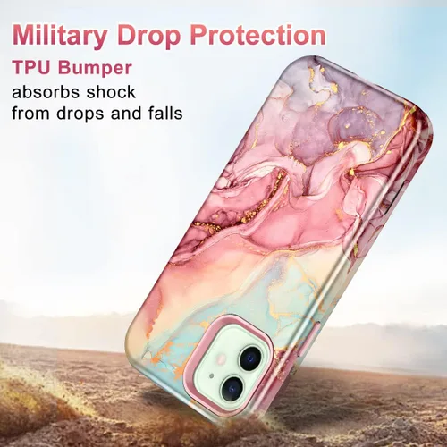 Miniatura 3 de Btscase para iPhone 12/iPhone 12 Pro, funda resistente de tres capas de mármol a prueba de golpes, cuerpo completo, PC duro + parachoques de TPU