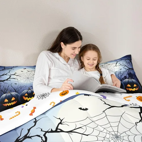 Miniatura 6 de Juego de ropa de cama con diseño de araña fantasma, tamaño individual, para niños y niñas, con temática de truco o trato, juego de edredón de feliz