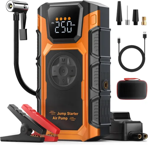 Arrancador con compresor de aire, cargador de batería de coche 5500A, caja de arranque de potencia 12V para vehículos (hasta 9.0L de gasolina y 7.5L