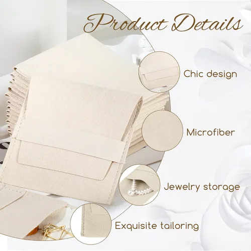 Miniatura 3 de 120 piezas de microfibra bolsa de joyería 3.1x3.1 in bolsa de embalaje regalo de lujo correa fija estilo sobre embalaje con paño de limpieza (beige)