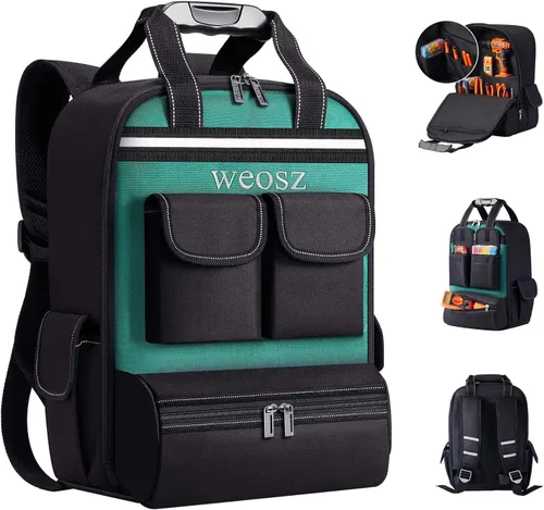 Miniatura 11 de Mochila de herramientas para hombres de 18 pulgadas resistente al agua de servicio pesado con múltiples bolsillos, organizador de bolsa de Negro