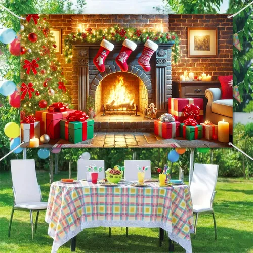 Miniatura 6 de BlissYard Cartel de Feliz Navidad de 71 x 43 pulgadas, fondo rojo y dorado, caja de regalo, fondo de fotografía, fondo de fotografía para interiores