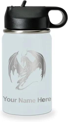 Miniatura 65 de LaserGram Botella de agua con tapa abatible de doble pared de 12 onzas con pajilla, dragón, grabado personalizado incluido (negro)