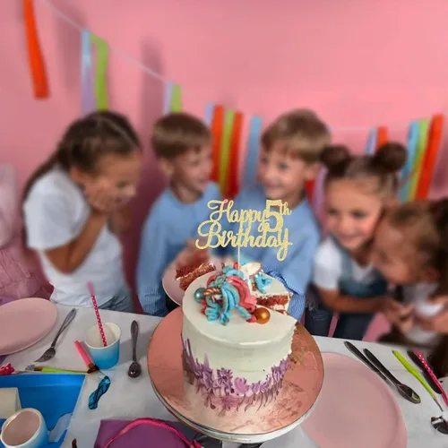 Miniatura 4 de Gyufise 1 unidad Decoración de pastel de feliz 5 cumpleaños con purpurina, adorno de pastel de feliz 5 cumpleaños, felicitaciones a los 5 años