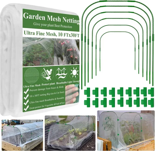 Miniatura 8 de Kit de red de malla para jardín, cubiertas para plantas de 10 x 30 pies, red de malla ultra fina y 6 aros de jardín y 18 clips, kit de red de jardín
