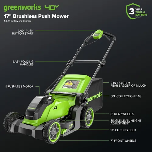 Miniatura 2 de Greenworks Cortacésped inalámbrico de 40 V y 17 pulgadas, motor sin escobillas, batería de 4.0 Ah y cargador (más de 75 herramientas compatibles)