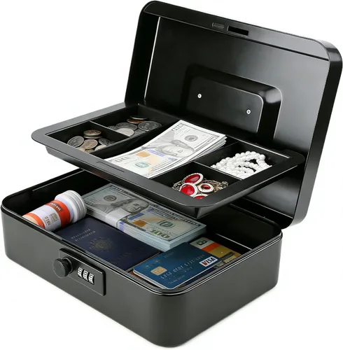 Miniatura 15 de Decaller Caja de dinero con cerradura de combinación, caja de seguridad de metal pequeña con bandeja de dinero, 7 4/5 x 6 4/5 x 3 3/5 pulgadas