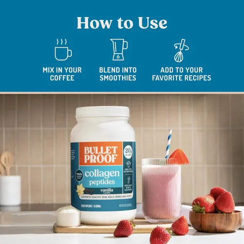 Miniatura 5 de Polvo de proteína de colágeno vainilla Bulletproof con aceite MCT, 19g de proteína, 42.3 onzas, tamaño de valor, péptidos de colágeno y aminoácidos