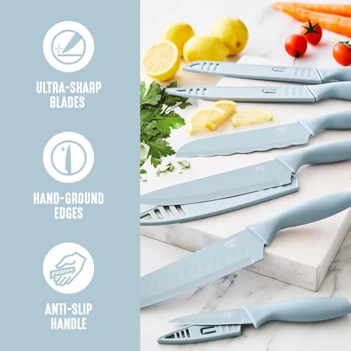 Miniatura 3 de GreenLife - Juego de 6 piezas de cuchillos de cocina, revestimiento antiadherente resistente al óxido, cuchillos de acero inoxidable de alto Azul