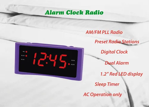 Miniatura 2 de HANNLOMAX Radio despertador HX-151CR, radio PLL AM/FM, alarma dual, pantalla LED roja de 1.2 pulgadas, solo operación de CA. (morado)