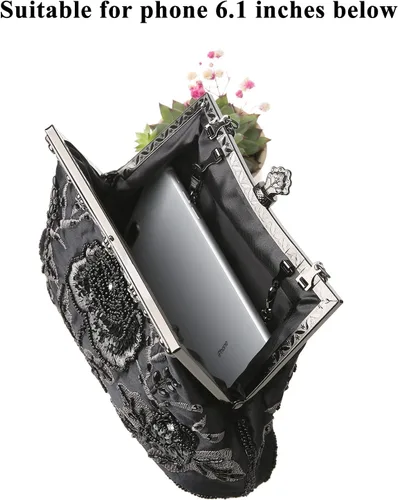 Miniatura 6 de Bolso de mano de estilo vintage con cuentas florales y strass para mujer, con bordado de lentejuelas, bandolera para novia, boda, fiesta