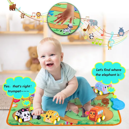 Miniatura 3 de Nuevo juego de vehículos de tracción con alfombra musical y manta de juego táctil, juego de juguetes suaves para bebés con 4 lindos autos