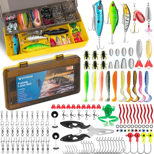 WITOROR Fishing Lures, Tackle Box with Tackle Included, Crankbaits, Spoon, Hooks, Weights & Other Accessories, Fishing Bait Lure Gear Kit Gifts for