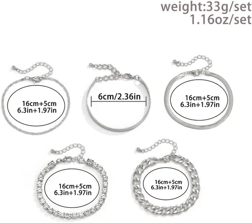 Miniatura 5 de fxmimior Juego de 5 pulseras apilables de cadena dorada y plata con diamantes de imitación para mujer, con cuentas ajustables, cadena de cable plano