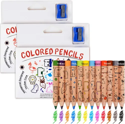 ThEast 24 lápices cortos de colores jumbo, bonitos lápices de animales para niños de 3 a 12 años, lápices gruesos hexagonales con sacapuntas, juego