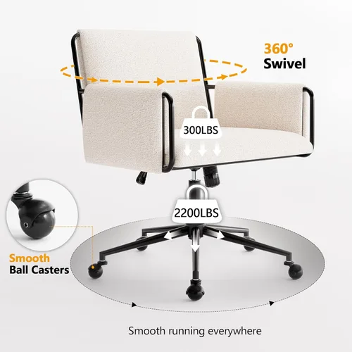 Miniatura 9 de Rowill Silla de oficina moderna, tela beige Boucle, altura ajustable, capacidad de 300 libras, ruedas, reposabrazos, perfecta para oficina en casa
