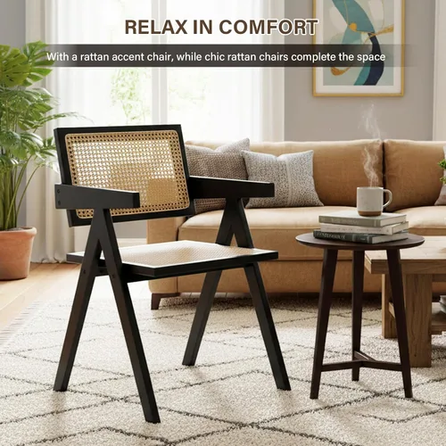 Miniatura 7 de Furlide Juego de 2 sillas de comedor de ratán, sillas de comedor modernas de mediados de siglo con brazos, sillas de bambú para exteriores