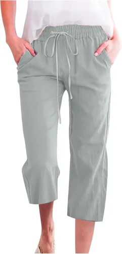 Miniatura 17 de Ceboyel Pantalones capri para mujer para verano, cintura elástica, pantalones de yoga, con cordón, pantalones de lino, pantalones de entrenamiento