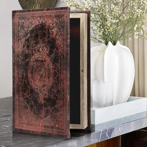Caja de almacenamiento para libros estilo vintage decorativo de piel sintética con relieve, madera hueca, 3-01, marrón - Regalo de Cuero