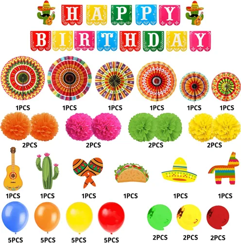 Miniatura 2 de Cartel de feliz cumpleaños con temática mexicana, pompones de papel, para fanáticos de México, decoraciones de fiesta, globos, decoraciones de fiesta