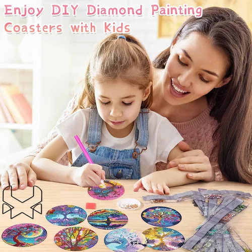 Miniatura 5 de Juego de 8 posavasos de pintura de diamantes, posavasos de pintura de diamante 5D, posavasos de arte de diamante con soporte, posavasos