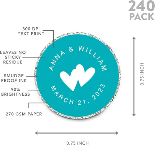 Miniatura 5 de Andaz Press Etiquetas personalizadas de gota de chocolate para boda, nombres y fecha redondos, turquesa aguamarina, paquete de 240, personalizadas