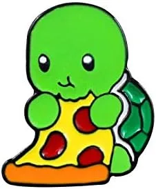 Broches lindos de tortuga verde para mujeres y niñas, tortuga introvertida comiendo pizza joyería para niños bolsa camisa solapa esmalte alfileres