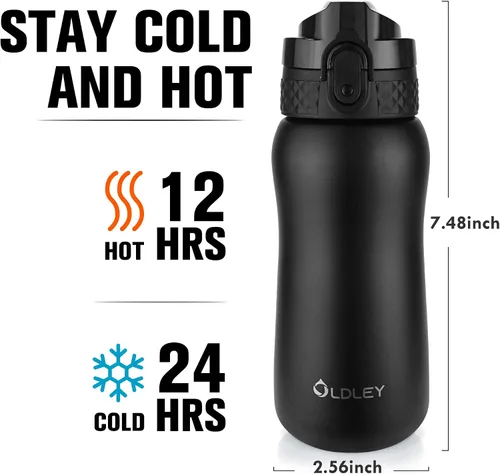 Miniatura 3 de Botella de agua aislada Oldley de 12 oz con pajita, botella de agua de acero inoxidable con 2 tapas, botellas de doble pared con vacío para adultos