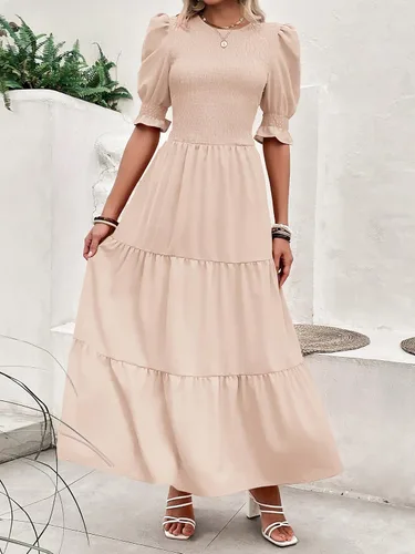 Miniatura 35 de BTFBM Vestidos para mujer, cuello redondo, casual, de verano, con volantes, manga corta, bohemio, con niveles, fruncido, largo, con estampado floral